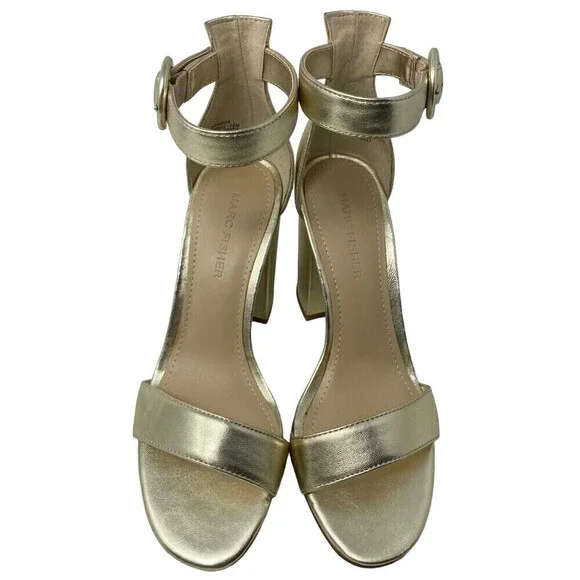 NEW Marc Fisher Magali Heel Size 5.5 M Leather Open Toe Shoe Ankle Strap Gold - Picture 3 of 12